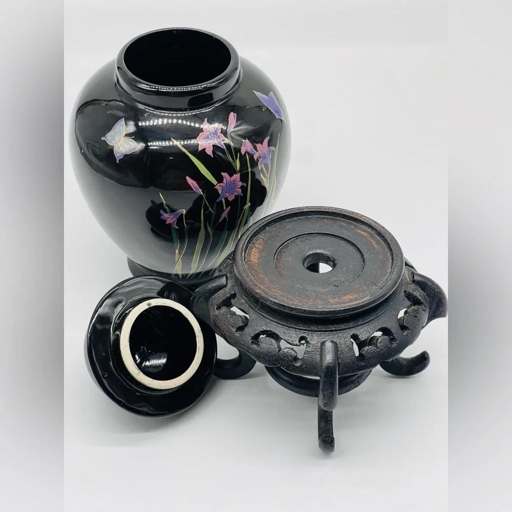 Ornate Japanese Black Glazed Ceramic Ginger Jar